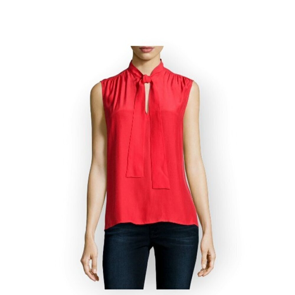 Frame Silk Tie-Neck Sleeveless Blouse Red Small Feminine Office Casual Top